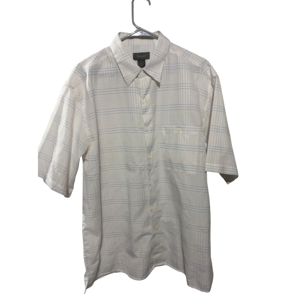 Bruno Mens XL Short Sleeve‎ Button Down Shirt White Blue Striped Textured Dobby